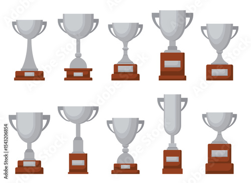 A set of shiny silver trophy cups with brown bases, each with a different shape, arranged on a plain white background, symbolizing success in contests.