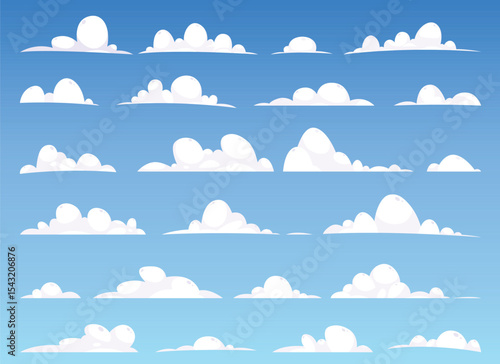 Cartoon of a series of fluffy clouds arranged across a blue sky that is graduated in tone. The clouds are cartoonish in style and each cloud has a unique shape.