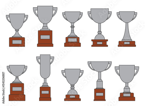 This image showcases a diverse collection of silver trophies, each mounted on a brown base. Ideal for representing accomplishments and victories in various endeavors.