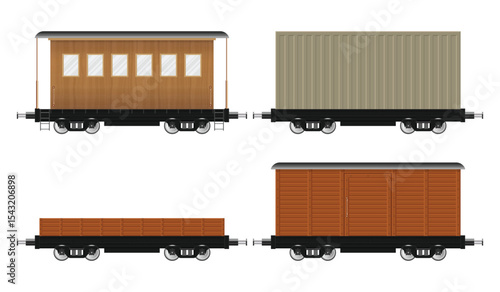 A group of four train cars, a passenger car, a container car, a gondola, and a boxcar, shown from a side perspective against a white background, illustrating rail transport.