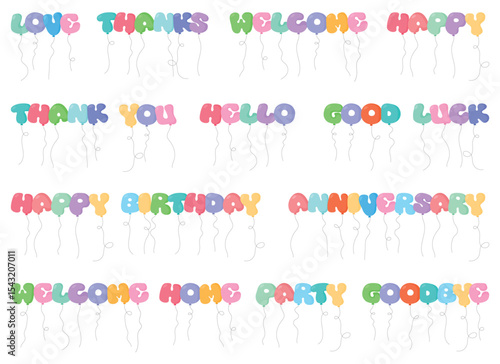 This image shows a variety of colorful letter-shaped balloons spelling out greetings for celebrations. The balloons are set against a white background.
