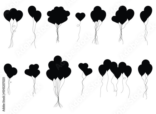 A graphic illustration features an array of balloon clusters in silhouette. They vary in size and shape, dangling by thin strings against a plain white background.