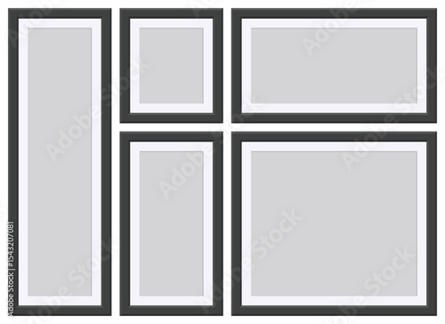 A set of five frames with gray backgrounds and varying sizes, including rectangular and square, are arranged to depict a customizable display for photos or artwork.
