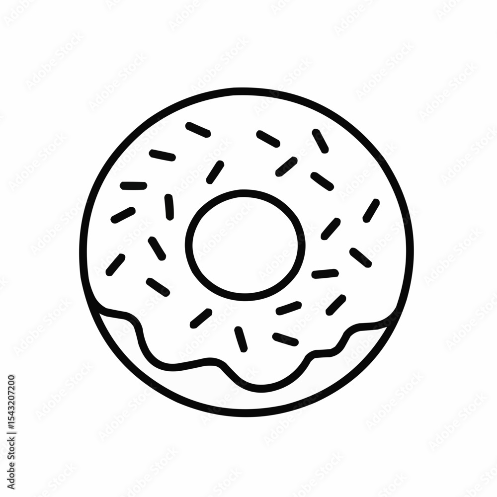 White donut with sprinkles in minimalistic outline style White donut with sprinkles in minimalistic outline style