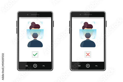 Two phones show a face scan with a box around a face. One phone shows a green check mark indicating the scan was accepted and the other shows a red x indicating failure.