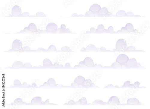 Various sets of light purple whimsical cartoon clouds float horizontally. The cloud formations vary in size and shape, creating a dreamy sky-like atmosphere on a clean background.