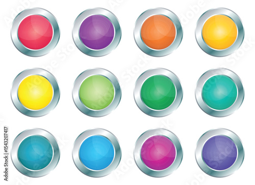 A collection of twelve shiny buttons. They are round, featuring different colors inside a shiny chrome border. Colors include red, purple, orange, yellow, green, and blue.