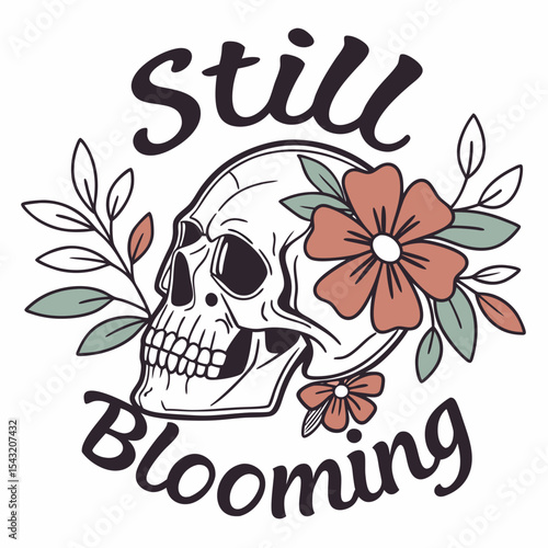 Still blooming skull floral design botanical illustration