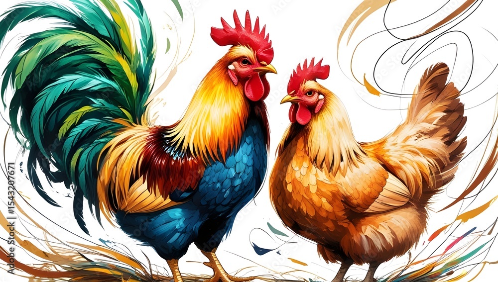 Fototapeta premium A rooster and a hen Illustration