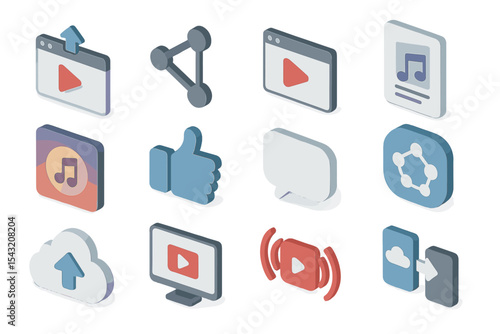 Diverse set of multimedia and social media icons in modern 3d style