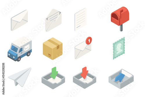 Email and mail icons: envelopes, inbox, mailbox, package in isometric style