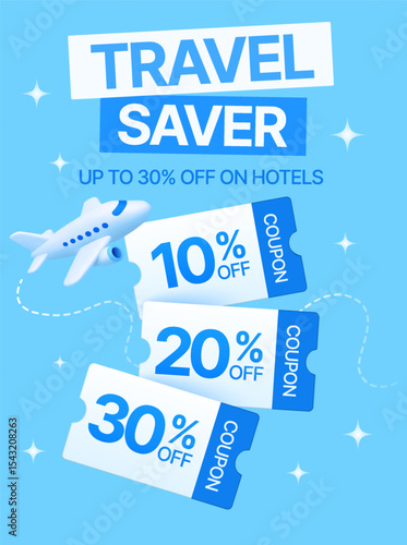 3d travel vouchers with coupon code, airplane isolated on background. Travel gift voucher banner template in 3d vector. Vector illustration
