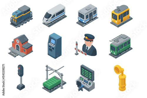Isometric train and transportation icons set