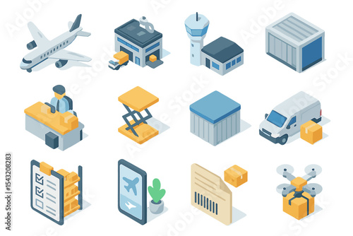 Isometric icons of logistics and transportation with airplane and delivery elements