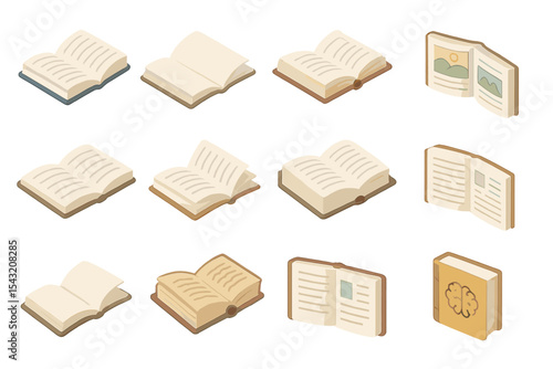 Collection of open and closed books with illustrations