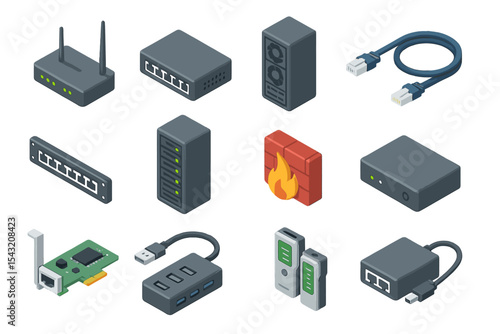 Electronic devices: router, firewall, cables, usb hub in blue tones