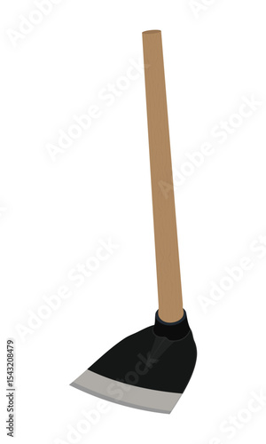 Farming hoe with wooden handle and curved metal blade – vector illustration
