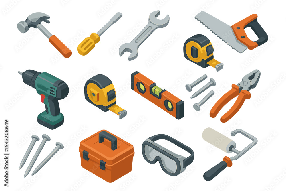 Hand tools set: hammer, screwdriver, wrench, saw, drill, tape measure, toolbox Hand tools set: hammer, screwdriver, wrench, saw, drill, tape measure, toolbox