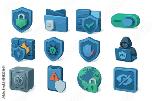 Cybersecurity icons: vpn, firewall, virus, privacy, shield, lock, protection