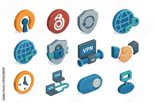 Isometric internet security icons featuring vpn and encryption symbols