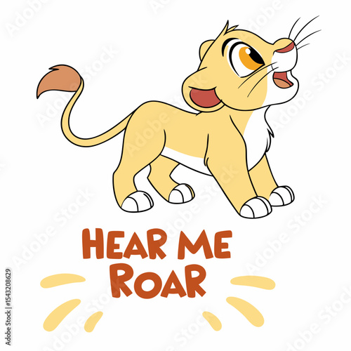 фотографія Adorable baby lion cub roaring cartoon illustration hear me roar