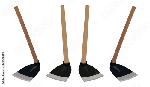 Set of traditional farming hoes with wooden handles and steel blades – vector illustration