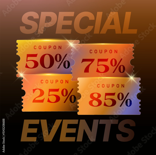 3d set of special event coupons with coupon code, percentage off, isolated on gradient background. Special gift voucher banner template in 3d vector. Vector illustration
