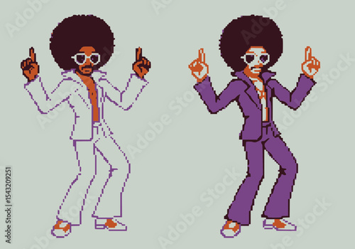 Two pixel art characters with afros in disco poses, one in white, one in purple.