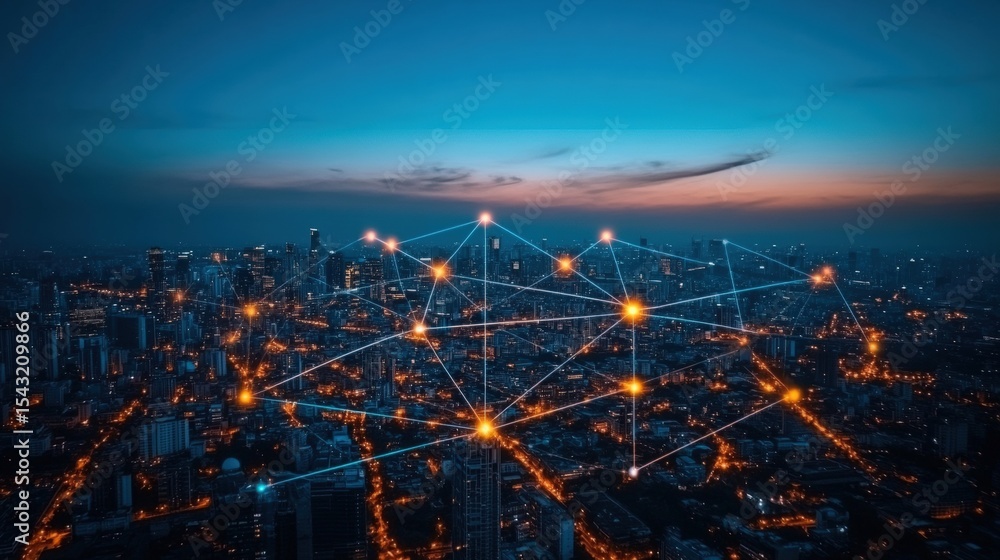 custom made wallpaper toronto digitalA cityscape at dusk with digital network connections symbolizing smart city technology and connectivity.