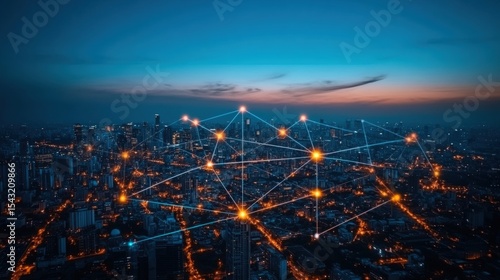 Wallpaper Mural A cityscape at dusk with digital network connections symbolizing smart city technology and connectivity. Torontodigital.ca