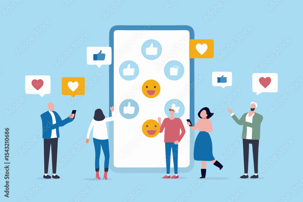Social Media Engagement with Diverse People and Mobile Phone Illustrating Online Interaction and Digital Communication with Likes and Hearts Social Media Engagement with Diverse People and Mobile Phone Illustrating Online Interaction and Digital Communication with Likes and Hearts