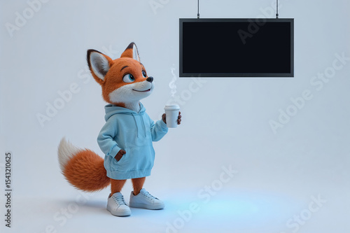 Cartoon Fox with Coffee and Blank Screen