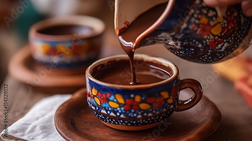 Pouring hot chocolate into traditional mexican cup