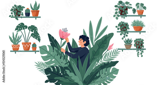 A Person Taking Care of Plants in a Room Decorated With Plants