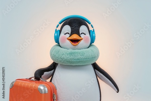 Traveling Penguin with Headphones and Suitcase