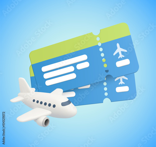 3d couple of flight tickets with airplane, isolated on background. 3d air ticket in vector illustration. Vector illustration