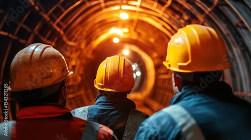 Three construction workers with hard hats are seen from behind as they look into a well-lit tunnel, symbolizing hard work, construction, and teamwork in an engineering project.