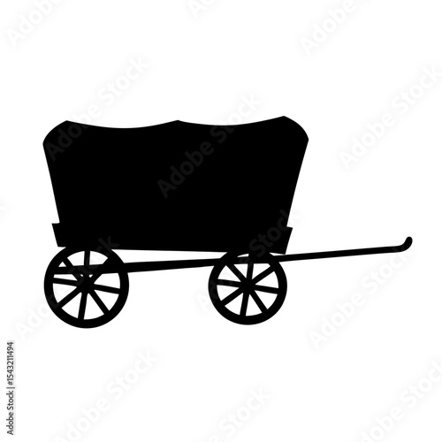 Black silhouette of a historic covered wagon on a white background