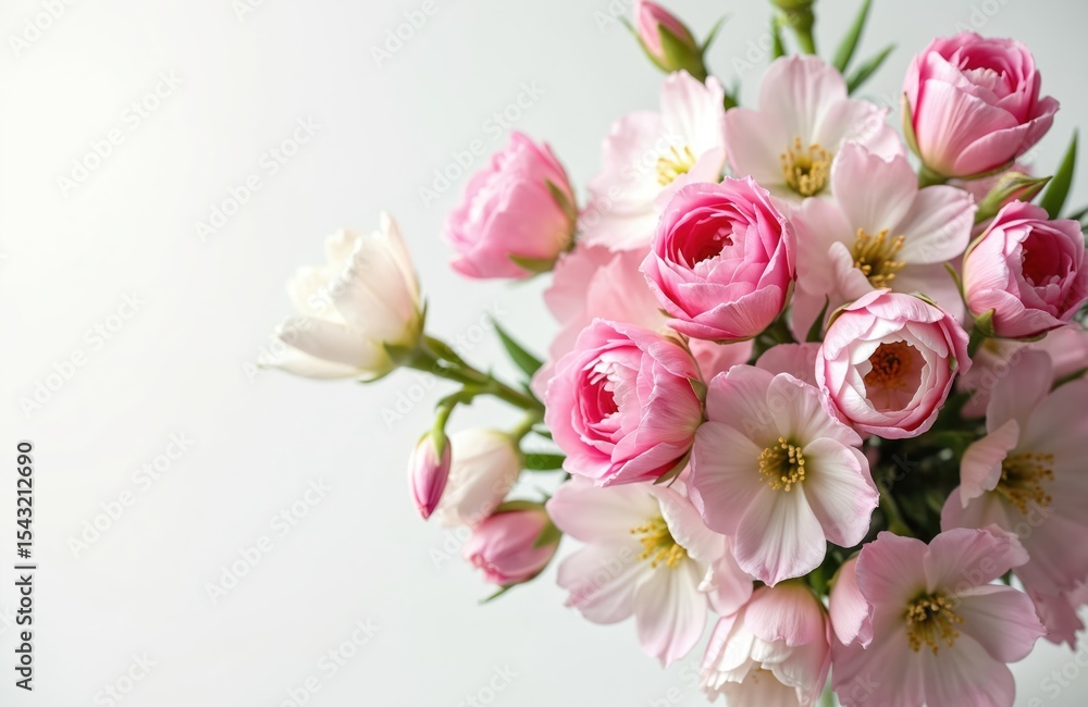 Naklejka premium Tender spring bouquet of pink and white flowers. Floral arrangement of blooming roses, decorative plants. Soft, delicate, fresh natural beauty for wedding design, greeting cards, gift, celebration.