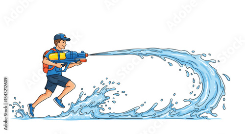 Excitement Water Games With Water Gun And Backpack On A Hot Summer Day