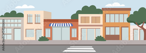 Coffee shop. City building. Store front illustration. Minimarket. Boutique. Cafeteria. Neighborhood. City Street with Shops and Buildings. 
