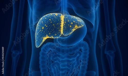 A detailed 3D anatomical illustration of a human liver showcasing fatty deposits, highlighted in bright yellow
