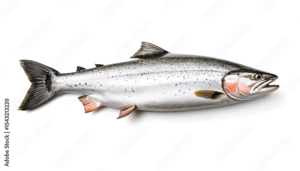 On a white background lies a raw fish, probably salmon or trout, with a silver gray body and pink gills. The dark fins emphasize the freshness and naturalness of this seafood. On a white background lies a raw fish, probably salmon or trout, with a silver gray body and pink gills. The dark fins emphasize the freshness and naturalness of this seafood.
