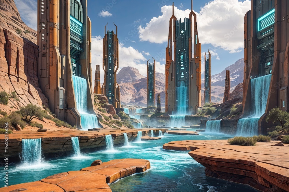 Fototapeta premium Enchanting Futuristic Plateau with Advanced Towers and Cascading Waterfalls