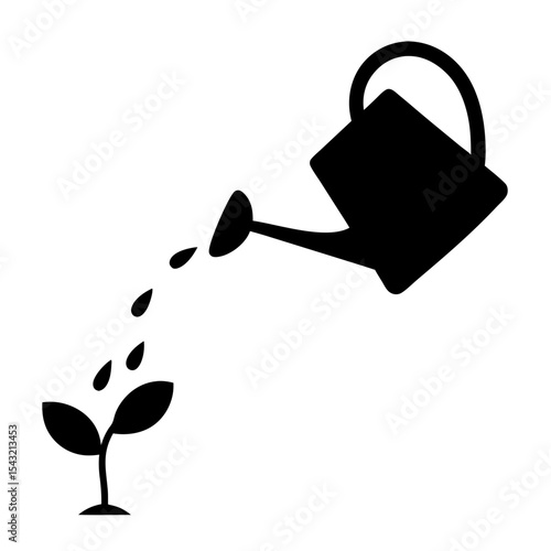 Watering Can Nurturing New Plant Growth in Monochrome Illustration