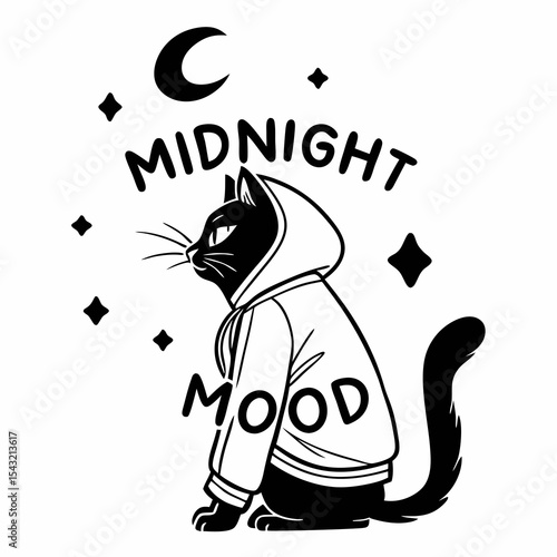 Midnight mood black cat in hoodie crescent moon stars