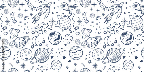 Space seamless pattern with comets, stars, meteors and rocket. Hand drawn ink background child world cosmos. Galaxy print for textile, packaging, design, vector graphic