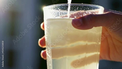 グラスに炭酸飲料を入れいている人の手元