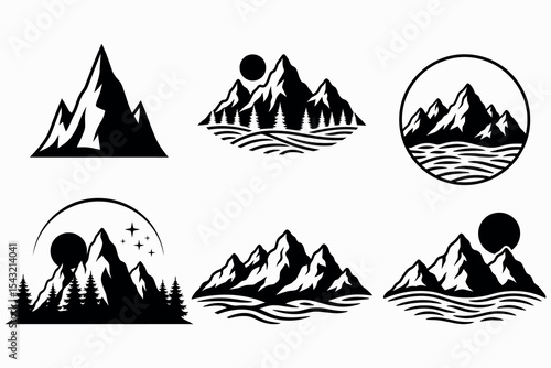 Set of Fish Icons with Ocean Waves and Bubbles