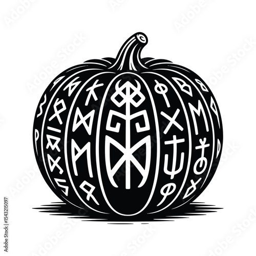 Pumpkin carved with Norse rune design, suitable for Halloween, fall, spooky themes, and pagan or Vikinginspired design projects.